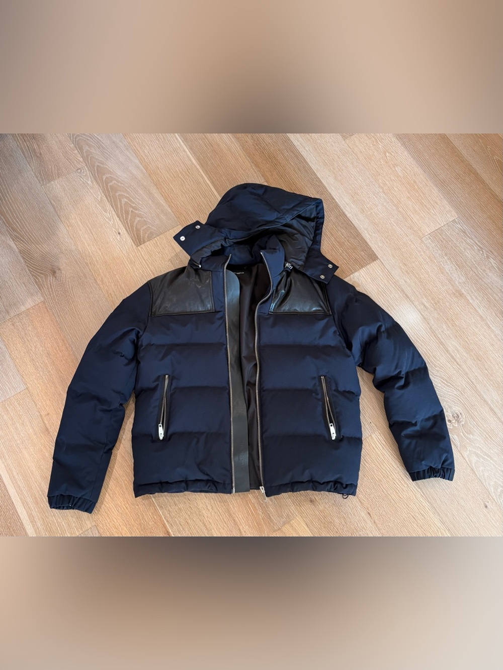 The Kooples Navy Puffer with Black lamb leather detailing